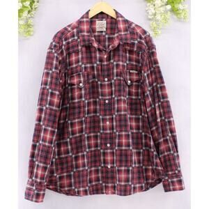 Lucky Brand Western Flannel Shirt Snaps Yolked Red White Blue Plaid Shacket 2XL